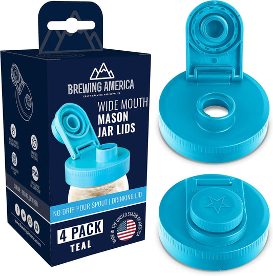 4 Pack USA Made Wide Mouth Mason Jar Lids with Flip Cap and Pour Spout - Leak-proof for Kerr and Ball Jars - Teal