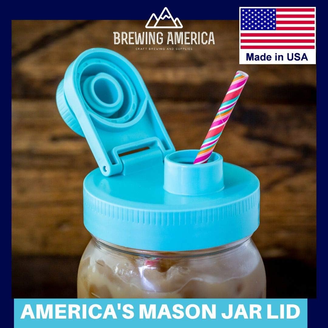 4 Pack USA Made Wide Mouth Mason Jar Lids with Flip Cap and Pour Spout - Leak-proof for Kerr and Ball Jars - Teal