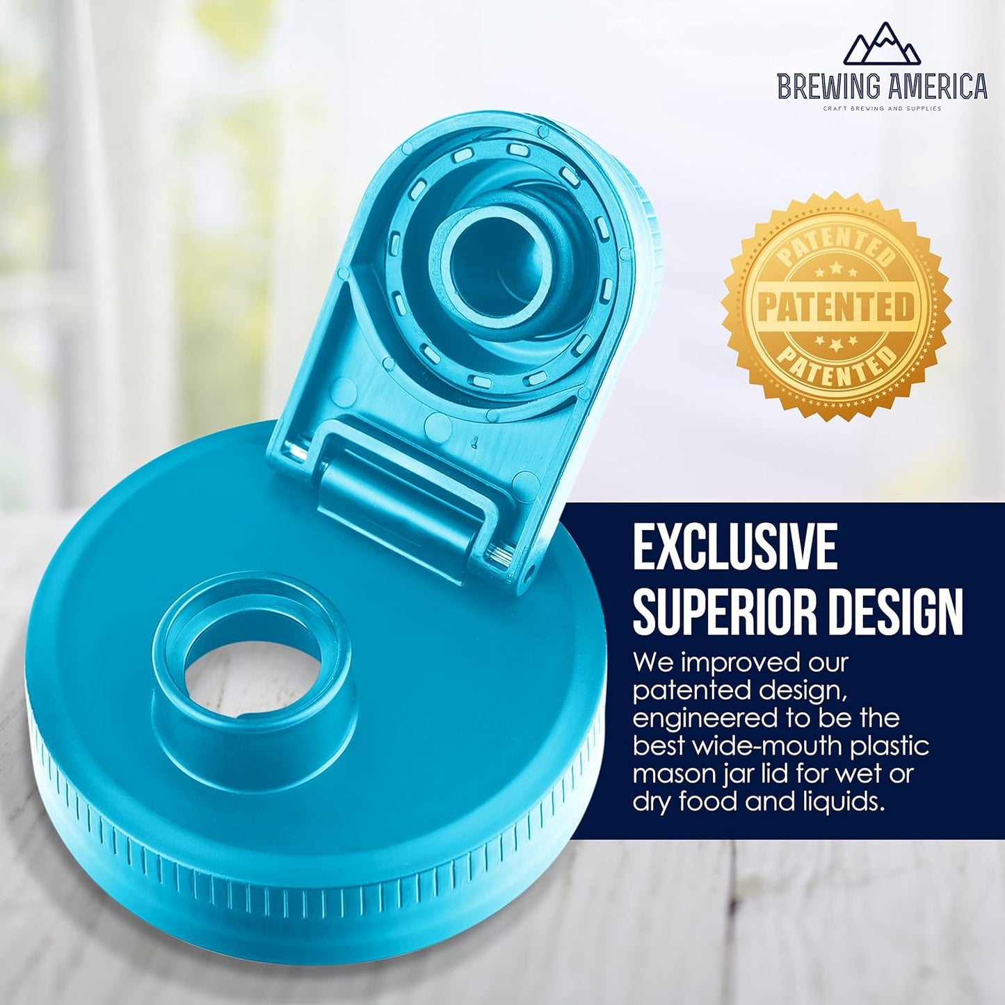 4 Pack USA Made Wide Mouth Mason Jar Lids with Flip Cap and Pour Spout - Leak-proof for Kerr and Ball Jars - Teal