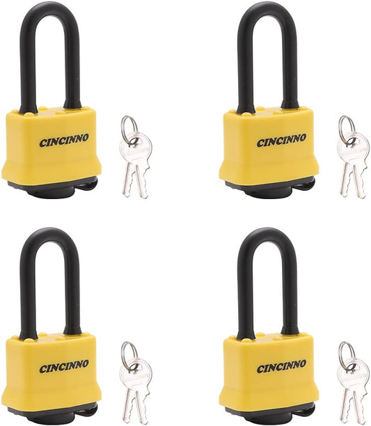 4 Pack Weatherproof Laminated Steel Padlocks Keyed Alike, Heavy Duty Long Shackle Locks for Gates, Sheds, and Storage Lockers - WildKart