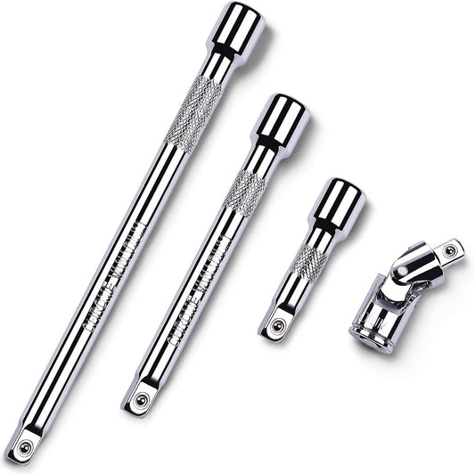 4-Piece 1/4 Inch Drive Extension Bar Set with 2, 4, and 6 Inch Extensions and Universal Joint Socket