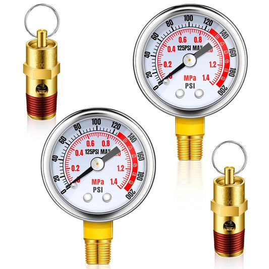 4 Piece Air Compressor Parts Replacement Set with 1/4" NPT Relief Pressure Safety Valve and 0-125 PSI Pressure Gauge - Tank Accessory Kit with 200 PSI Gauge