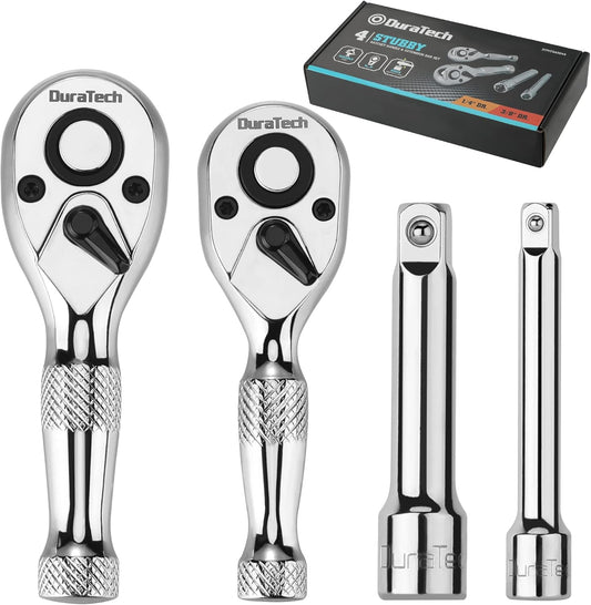 4-Piece DURATECH Stubby Ratchet Set with Extension Bars, 1/4" and 3/8" Ratchets, 72-T Reversible Head, Chrome Plated Finish