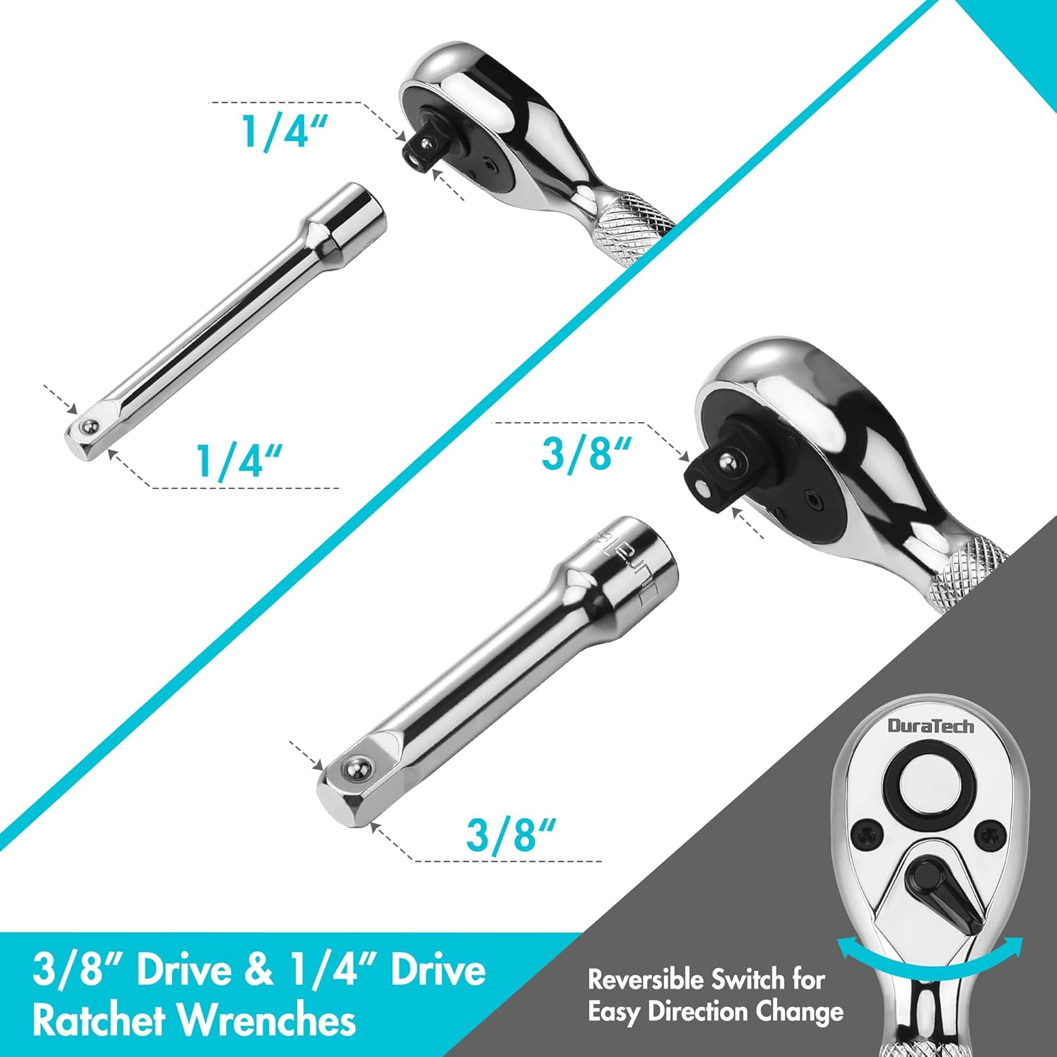 4-Piece DURATECH Stubby Ratchet Set with Extension Bars, 1/4" and 3/8" Ratchets, 72-T Reversible Head, Chrome Plated Finish