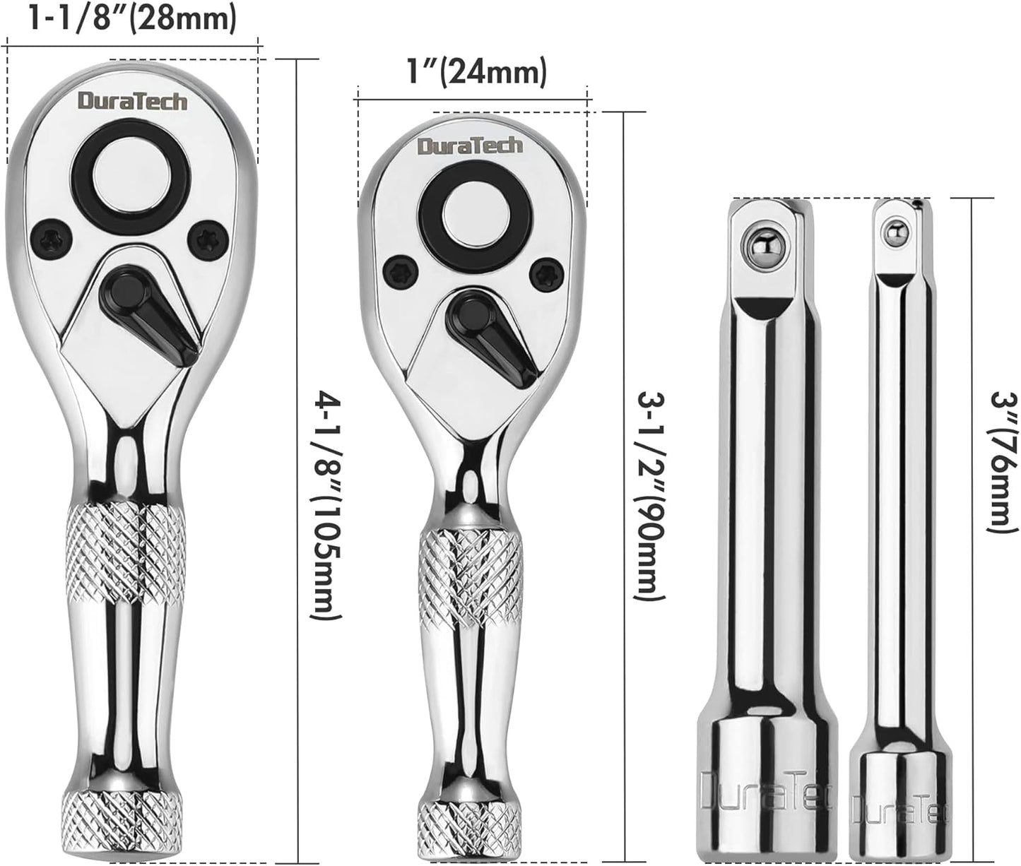 4-Piece DURATECH Stubby Ratchet Set with Extension Bars, 1/4" and 3/8" Ratchets, 72-T Reversible Head, Chrome Plated Finish