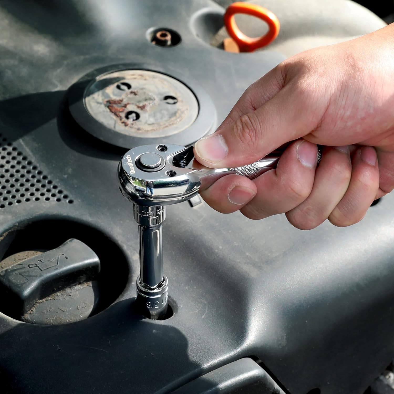 4-Piece DURATECH Stubby Ratchet Set with Extension Bars, 1/4" and 3/8" Ratchets, 72-T Reversible Head, Chrome Plated Finish