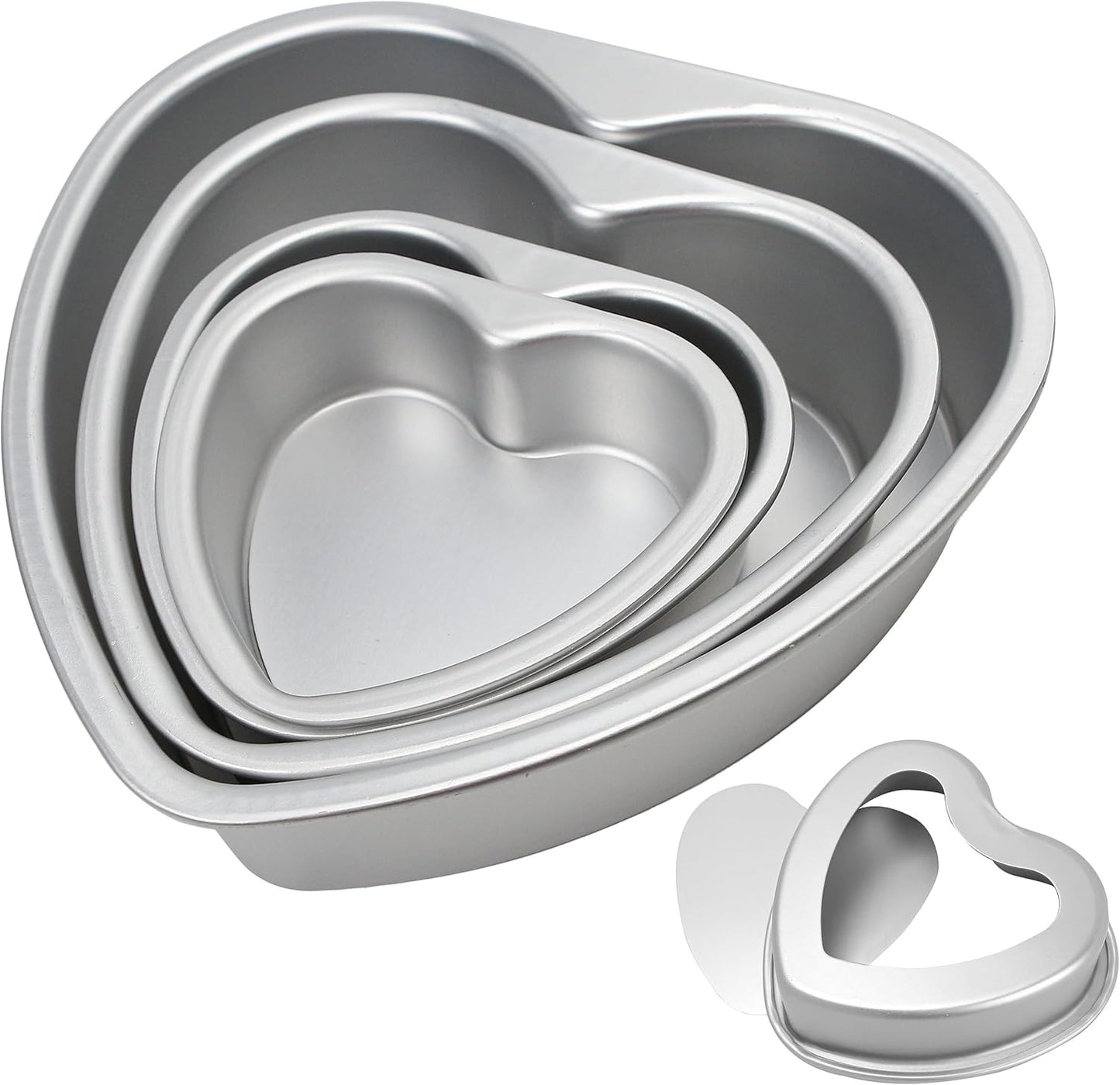4-Piece Heart Shaped Aluminum Pans Set - Non-Stick Cake Tray Mold Tin Pack - 5", 6", 8", 10" Sizes - Removable Bottom - Quiche, Muffin, Chocolate Baking - Silver Color