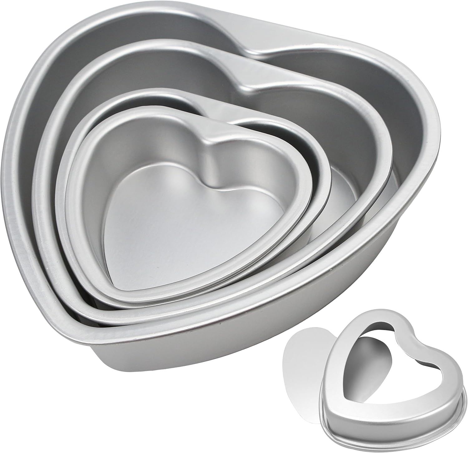 4-Piece Heart Shaped Aluminum Pans Set - Non-Stick Cake Tray Mold Tin Pack - 5", 6", 8", 10" Sizes - Removable Bottom - Quiche, Muffin, Chocolate Baking - Silver Color