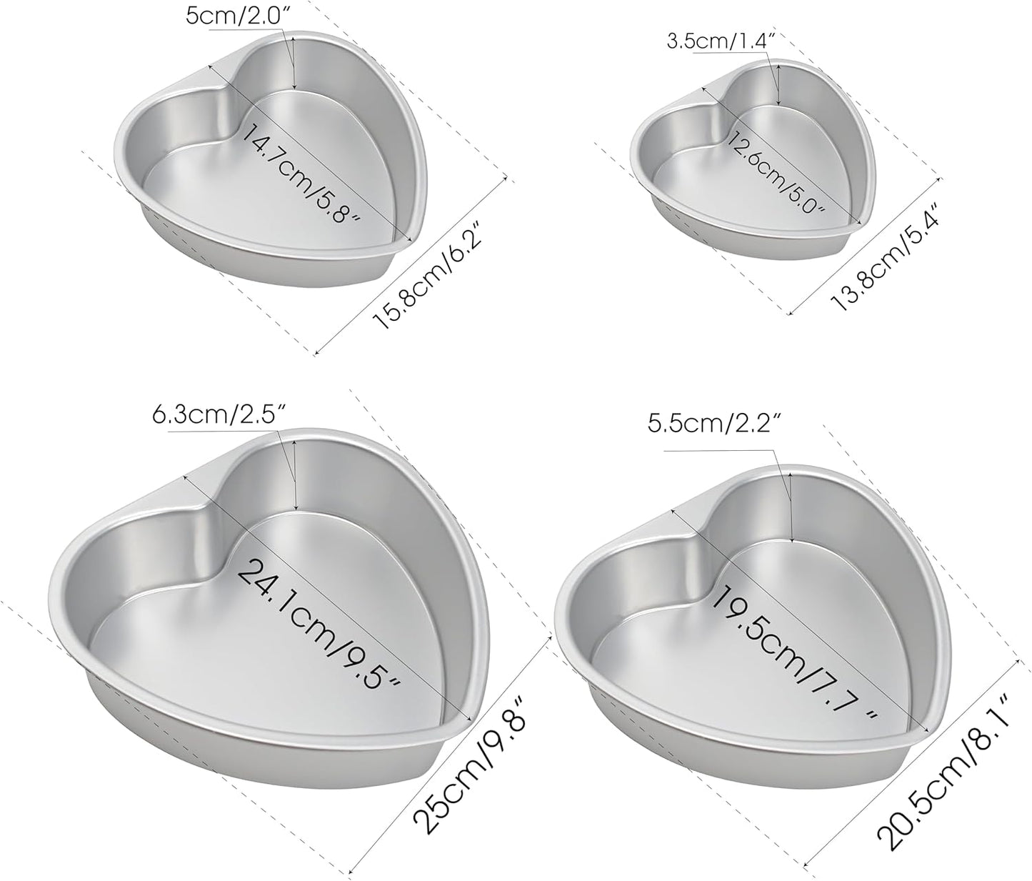 4-Piece Heart Shaped Aluminum Pans Set - Non-Stick Cake Tray Mold Tin Pack - 5", 6", 8", 10" Sizes - Removable Bottom - Quiche, Muffin, Chocolate Baking - Silver Color