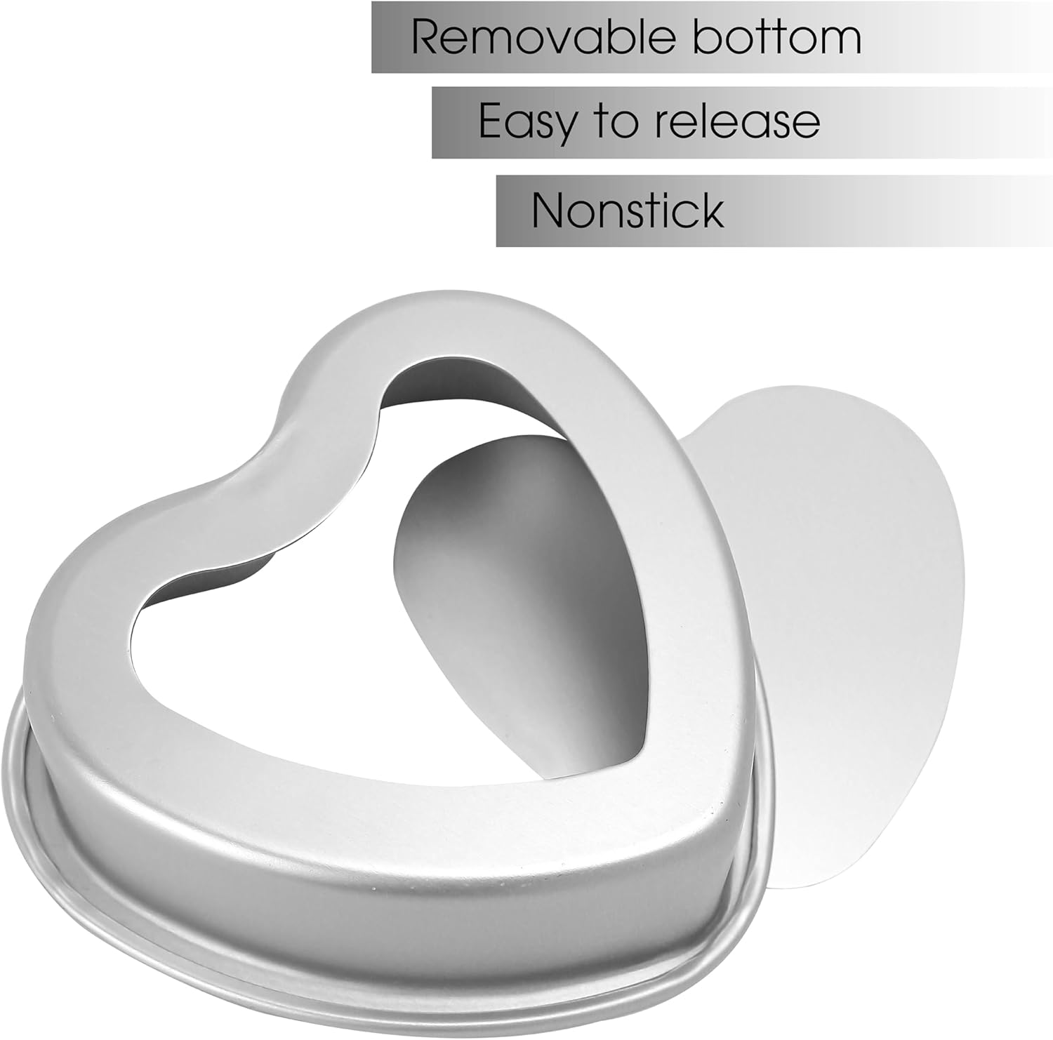 4-Piece Heart Shaped Aluminum Pans Set - Non-Stick Cake Tray Mold Tin Pack - 5", 6", 8", 10" Sizes - Removable Bottom - Quiche, Muffin, Chocolate Baking - Silver Color