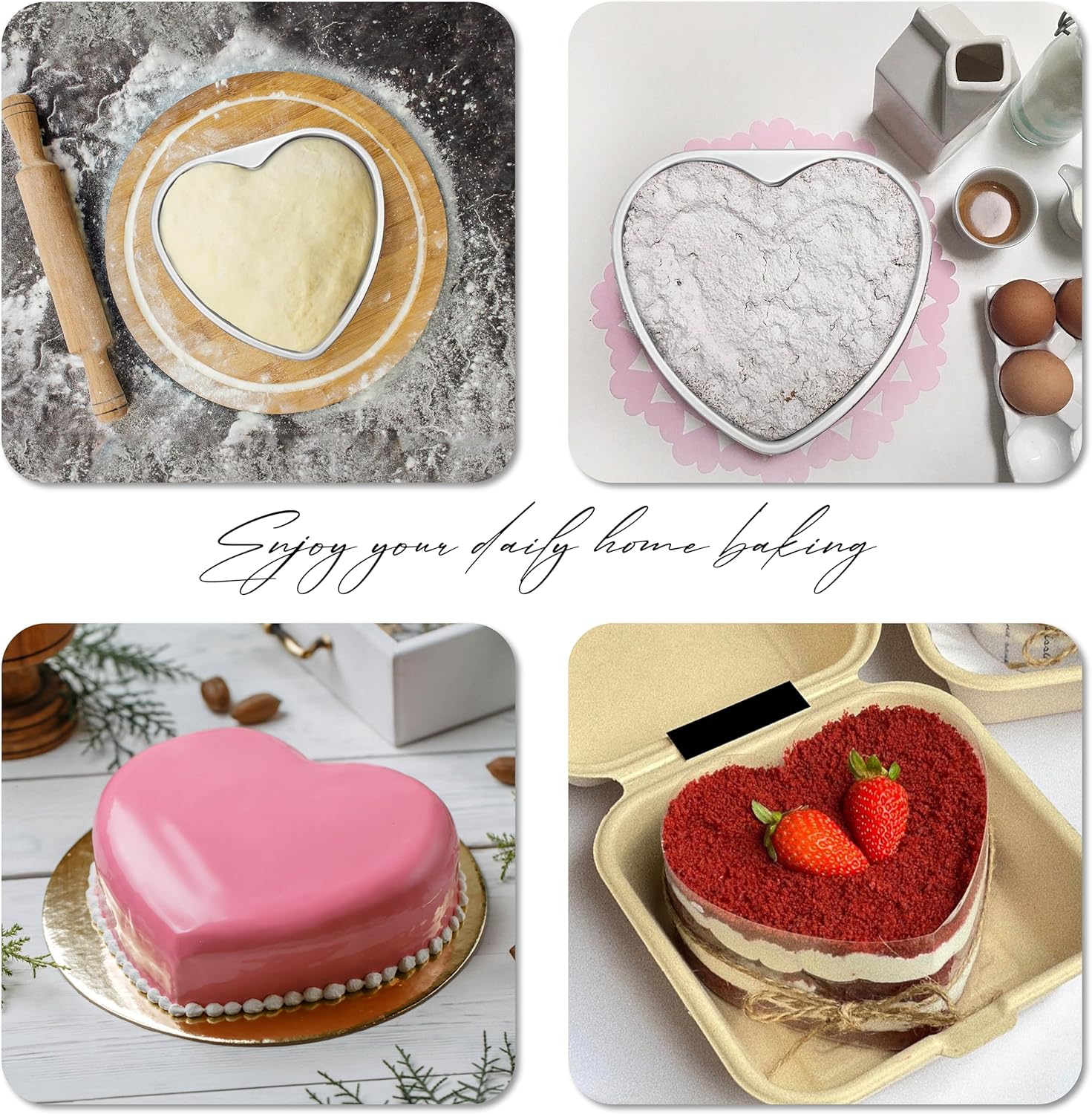 4-Piece Heart Shaped Aluminum Pans Set - Non-Stick Cake Tray Mold Tin Pack - 5", 6", 8", 10" Sizes - Removable Bottom - Quiche, Muffin, Chocolate Baking - Silver Color