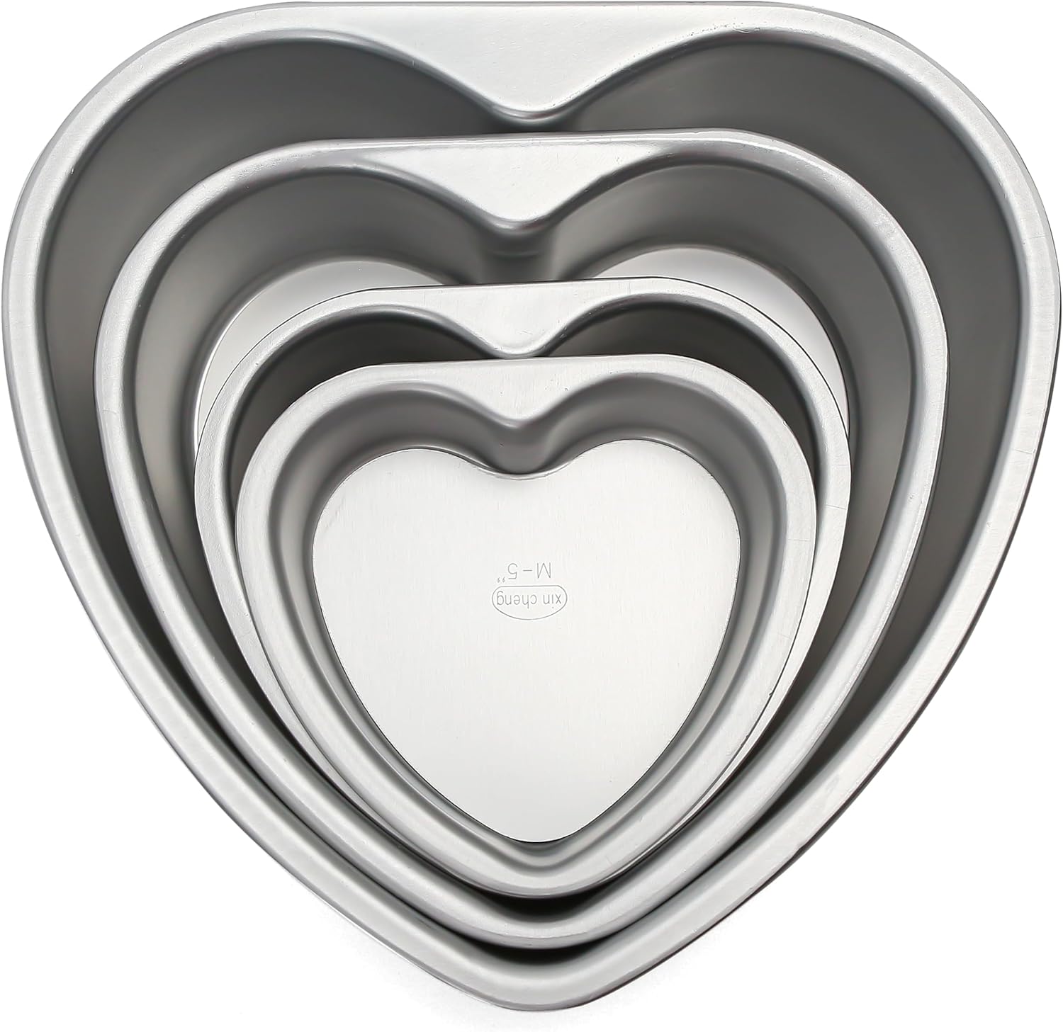 4-Piece Heart Shaped Aluminum Pans Set - Non-Stick Cake Tray Mold Tin Pack - 5", 6", 8", 10" Sizes - Removable Bottom - Quiche, Muffin, Chocolate Baking - Silver Color