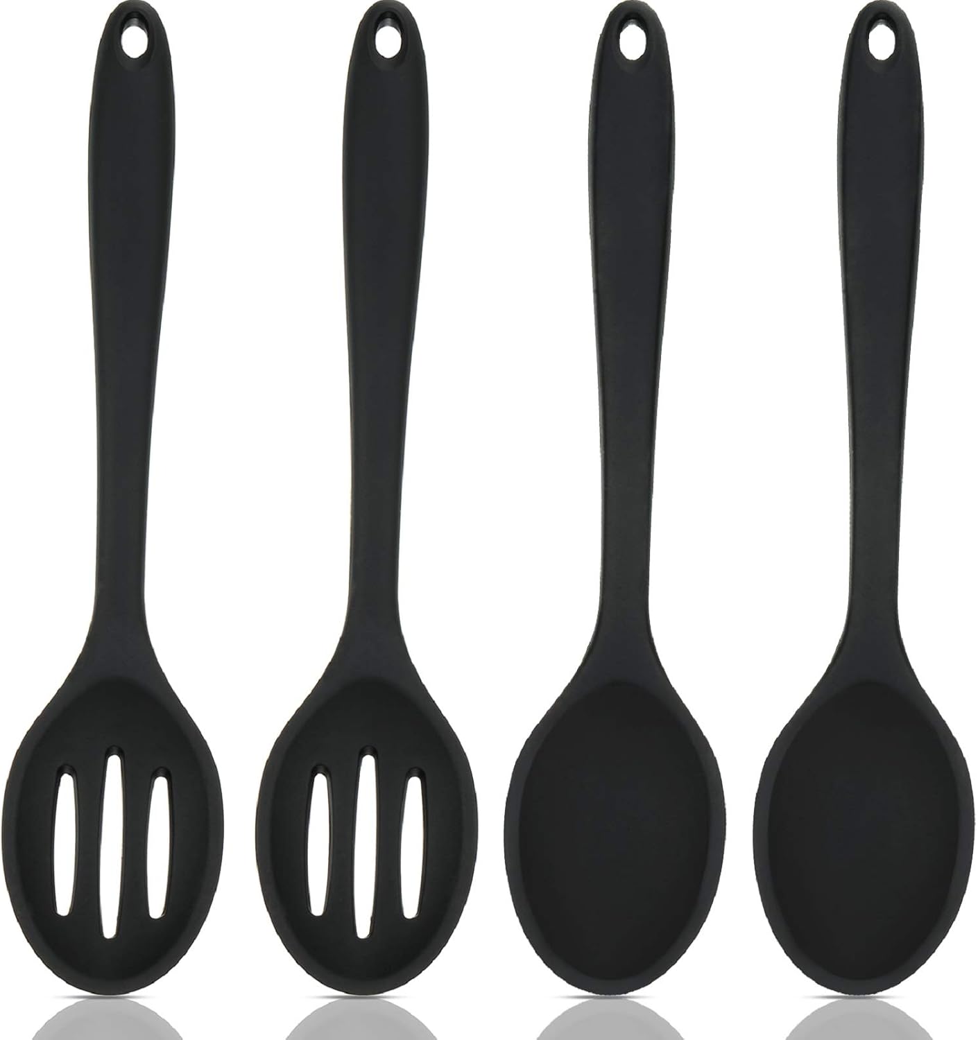4-Piece Large Silicone Cooking Spoons Set for Kitchen - Nonstick, Heat Resistant, Slotted Spoons - Ideal for Baking, Stirring, Serving - Black