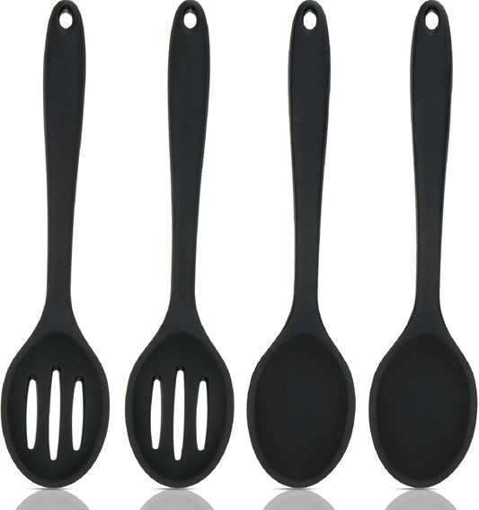 4-Piece Large Silicone Cooking Spoons Set for Kitchen - Nonstick, Heat Resistant, Slotted Spoons - Ideal for Baking, Stirring, Serving - Black