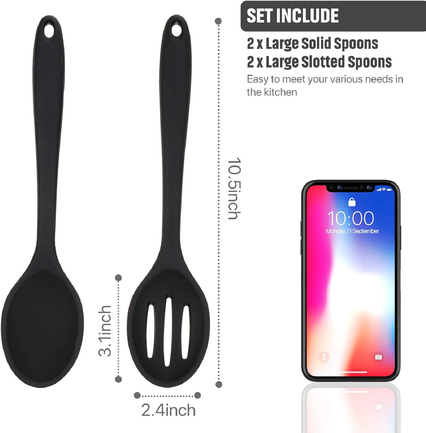 4-Piece Large Silicone Cooking Spoons Set for Kitchen - Nonstick, Heat Resistant, Slotted Spoons - Ideal for Baking, Stirring, Serving - Black