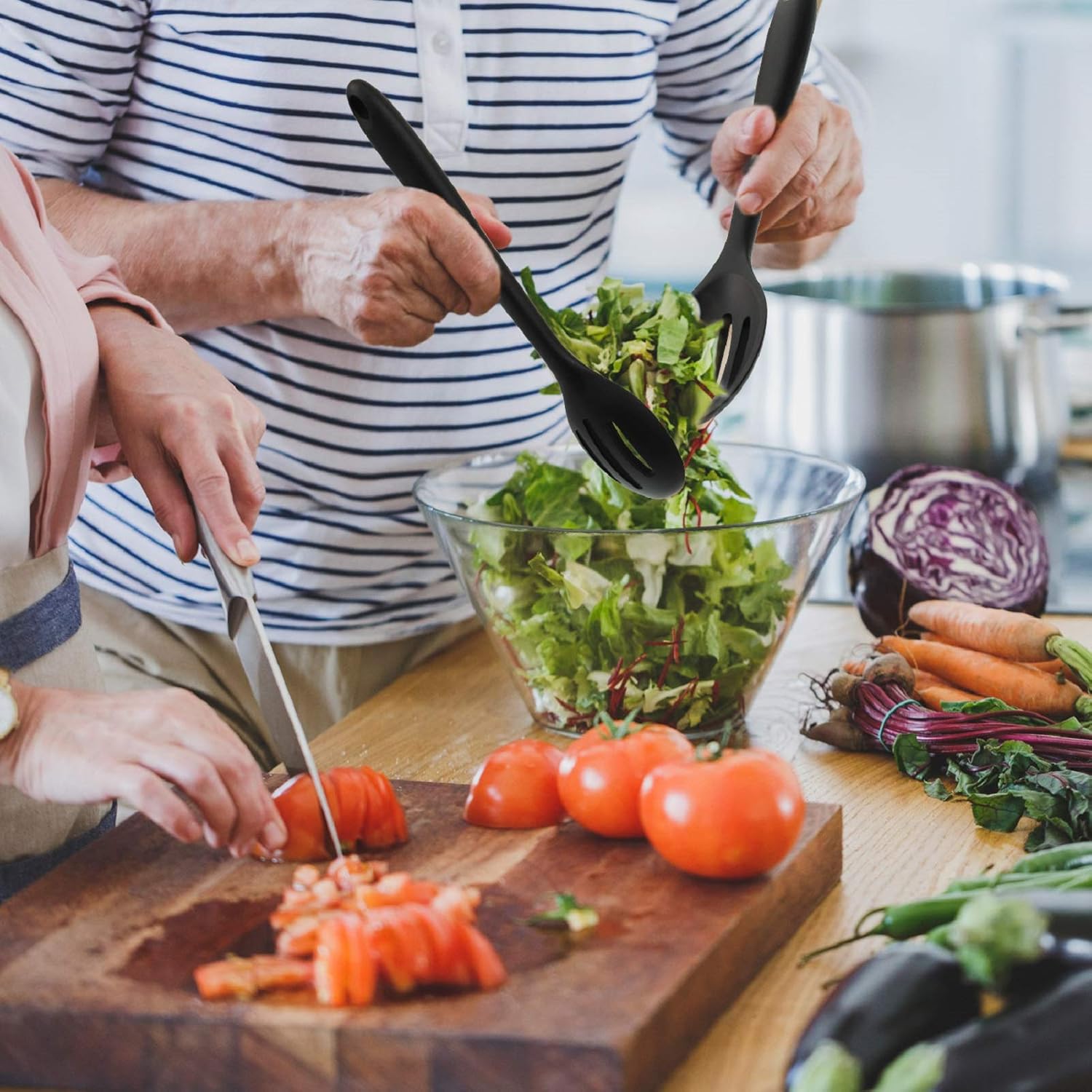 4-Piece Large Silicone Cooking Spoons Set for Kitchen - Nonstick, Heat Resistant, Slotted Spoons - Ideal for Baking, Stirring, Serving - Black