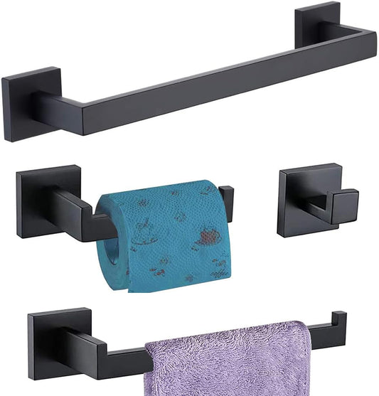 4-Piece Matte Black Bathroom Hardware Set with Towel Bar, Holder, Paper Holder, and Hook - SUS304 Stainless Steel - 15.7 Inch Towel Bar Included