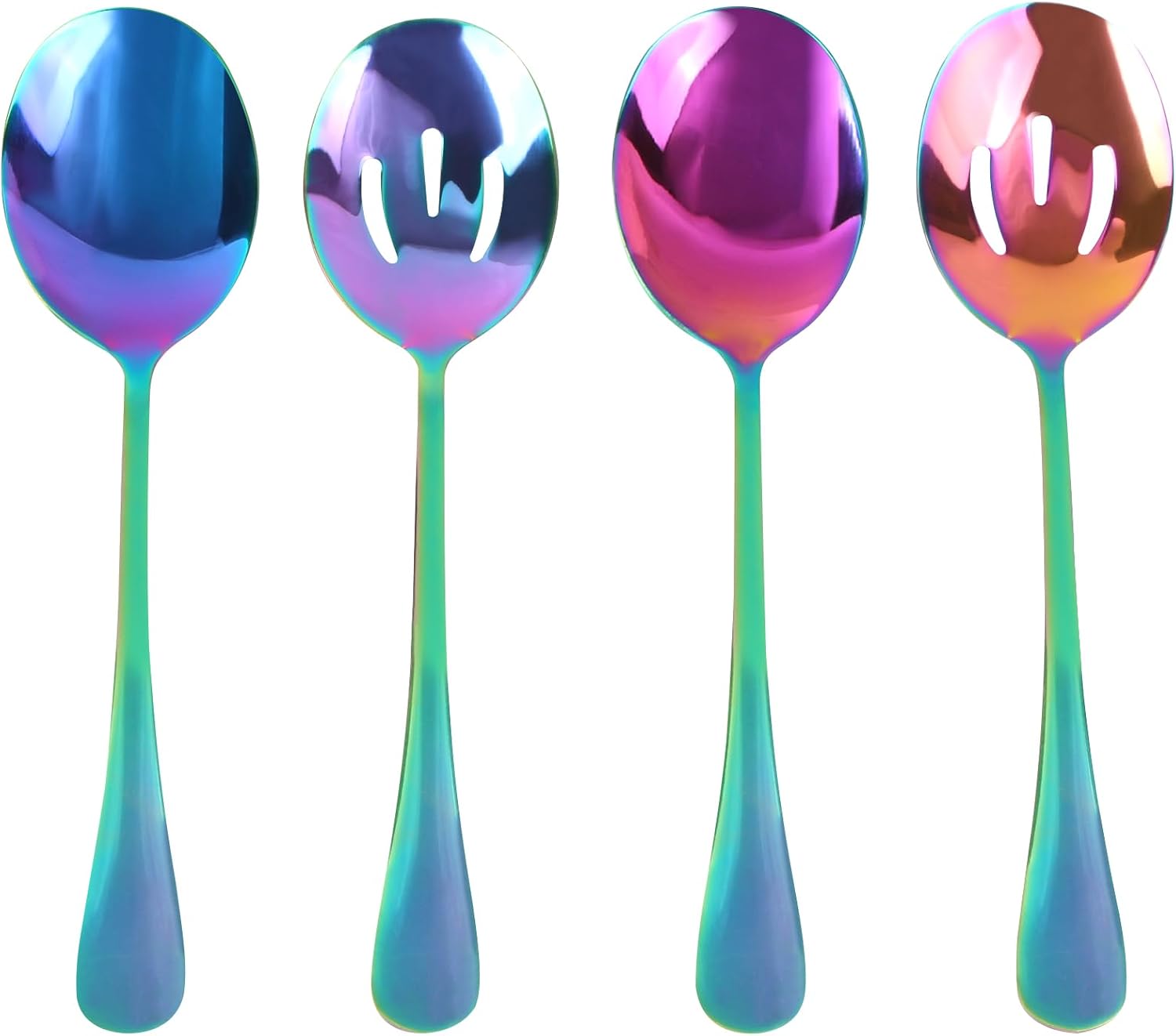 4-Piece Rainbow Color Stainless Steel Serving Spoons Set for Buffet Catering - 2 Large and 2 Slotted Spoons - Colorful Utensils