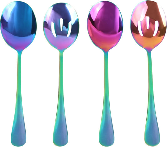 4-Piece Rainbow Color Stainless Steel Serving Spoons Set for Buffet Catering - 2 Large and 2 Slotted Spoons - Colorful Utensils
