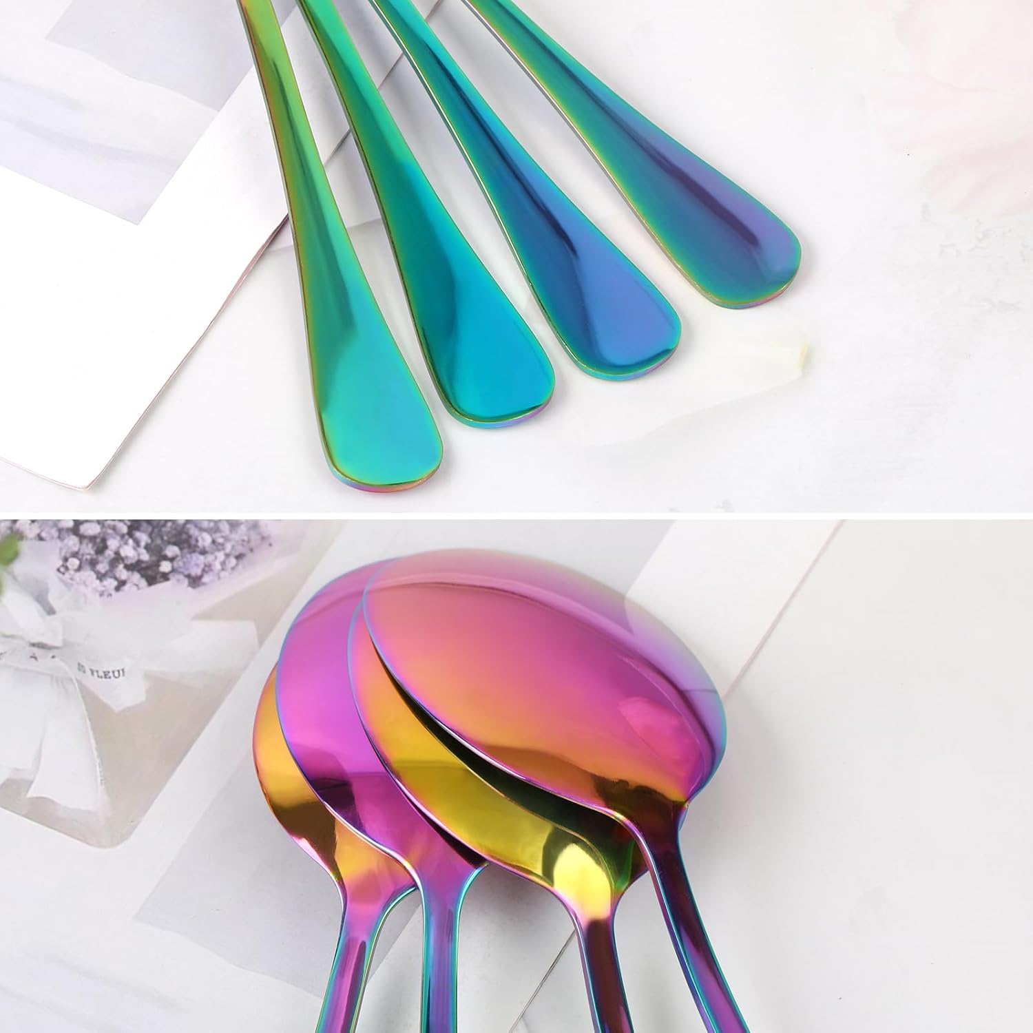4-Piece Rainbow Color Stainless Steel Serving Spoons Set for Buffet Catering - 2 Large and 2 Slotted Spoons - Colorful Utensils