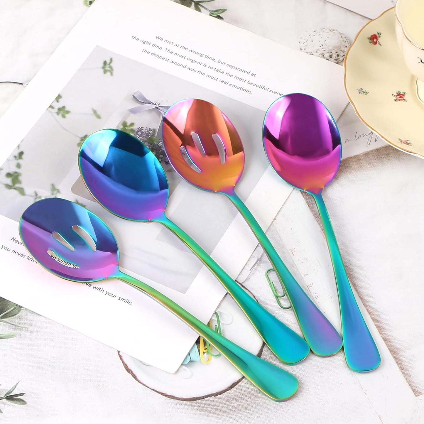 4-Piece Rainbow Color Stainless Steel Serving Spoons Set for Buffet Catering - 2 Large and 2 Slotted Spoons - Colorful Utensils