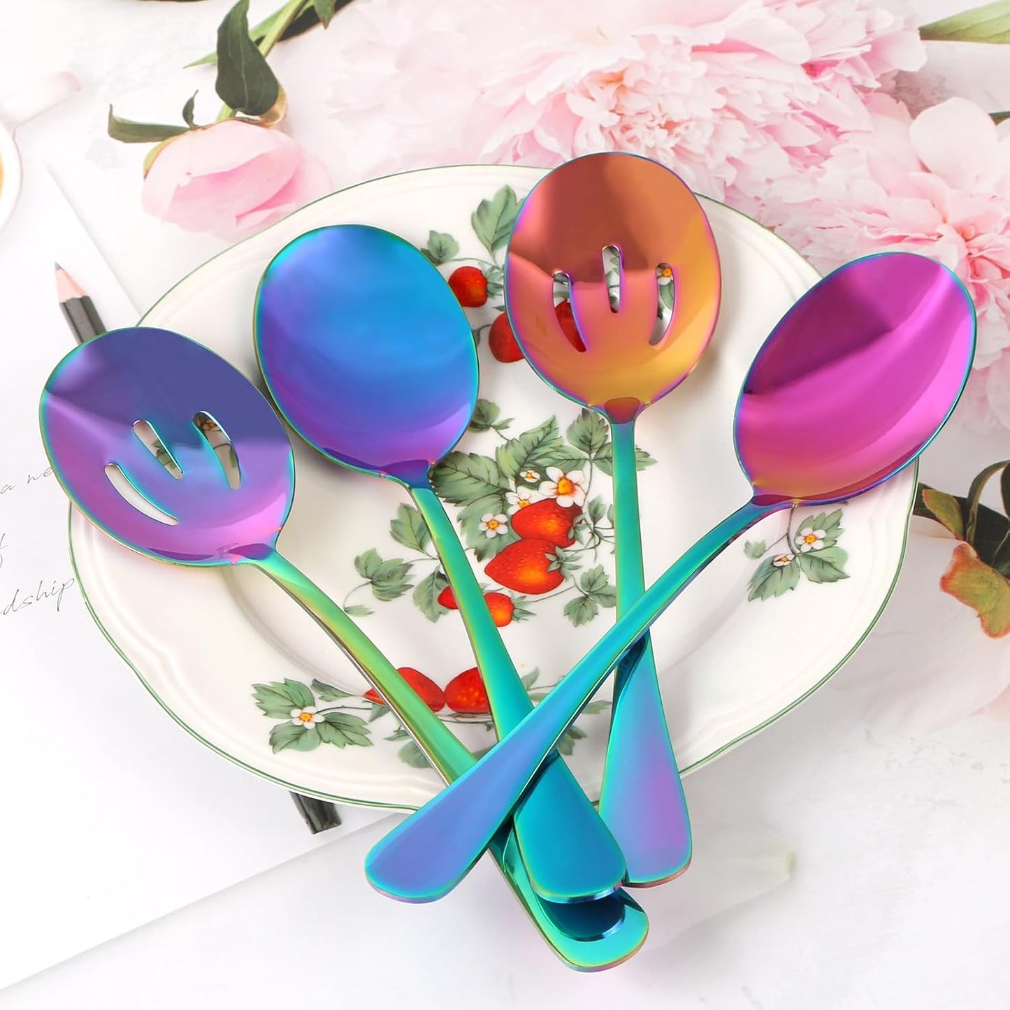 4-Piece Rainbow Color Stainless Steel Serving Spoons Set for Buffet Catering - 2 Large and 2 Slotted Spoons - Colorful Utensils