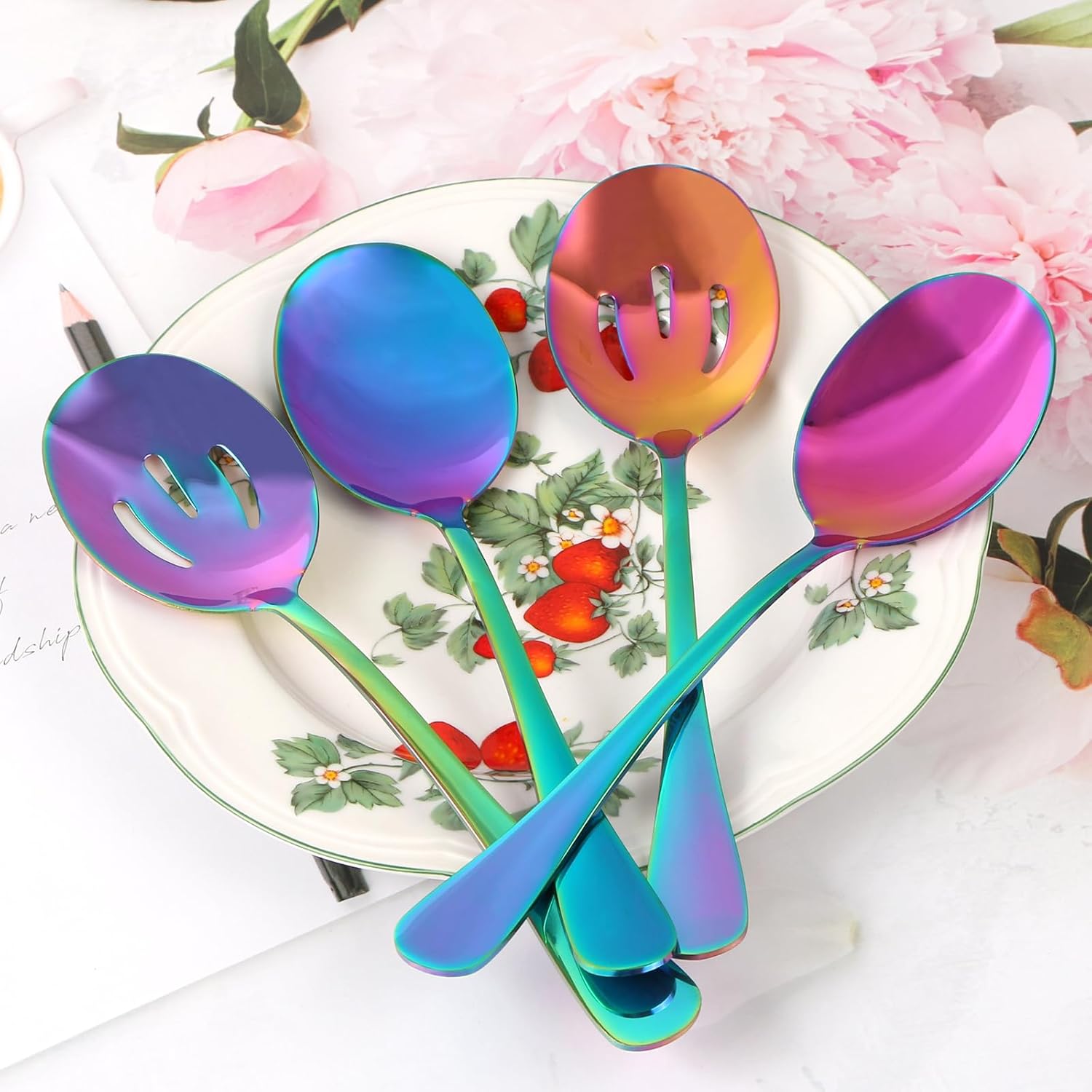 4-Piece Rainbow Color Stainless Steel Serving Spoons Set for Buffet Catering - 2 Large and 2 Slotted Spoons - Colorful Utensils