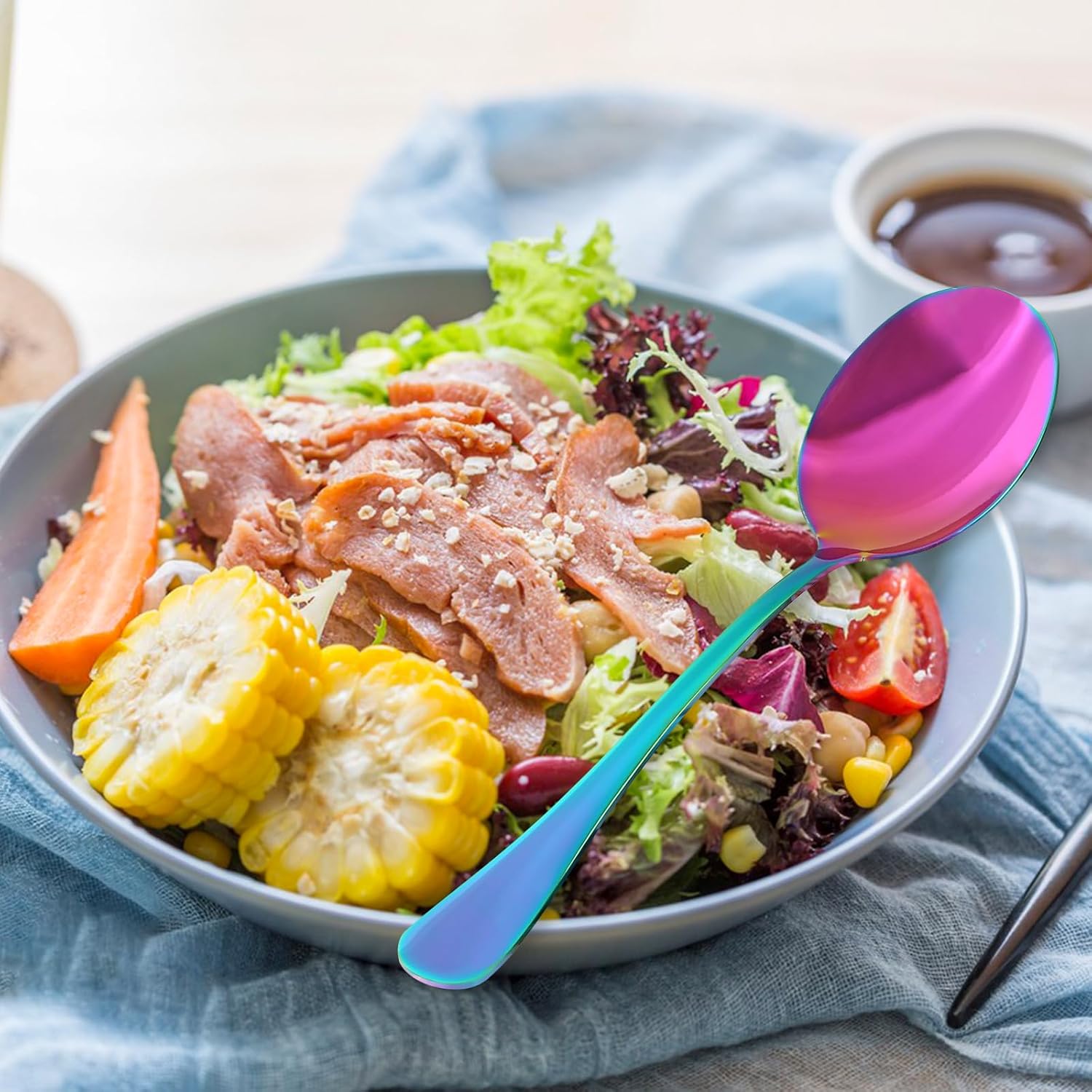 4-Piece Rainbow Color Stainless Steel Serving Spoons Set for Buffet Catering - 2 Large and 2 Slotted Spoons - Colorful Utensils