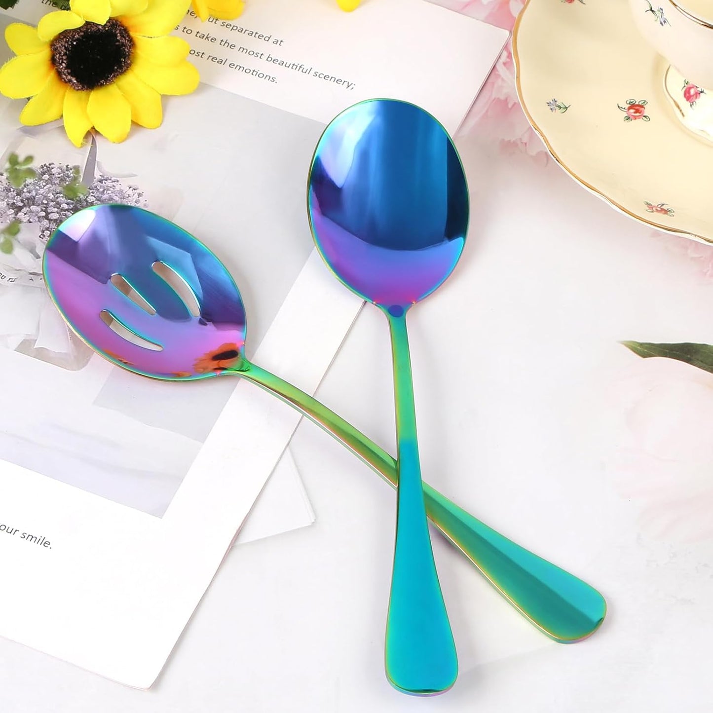 4-Piece Rainbow Color Stainless Steel Serving Spoons Set for Buffet Catering - 2 Large and 2 Slotted Spoons - Colorful Utensils