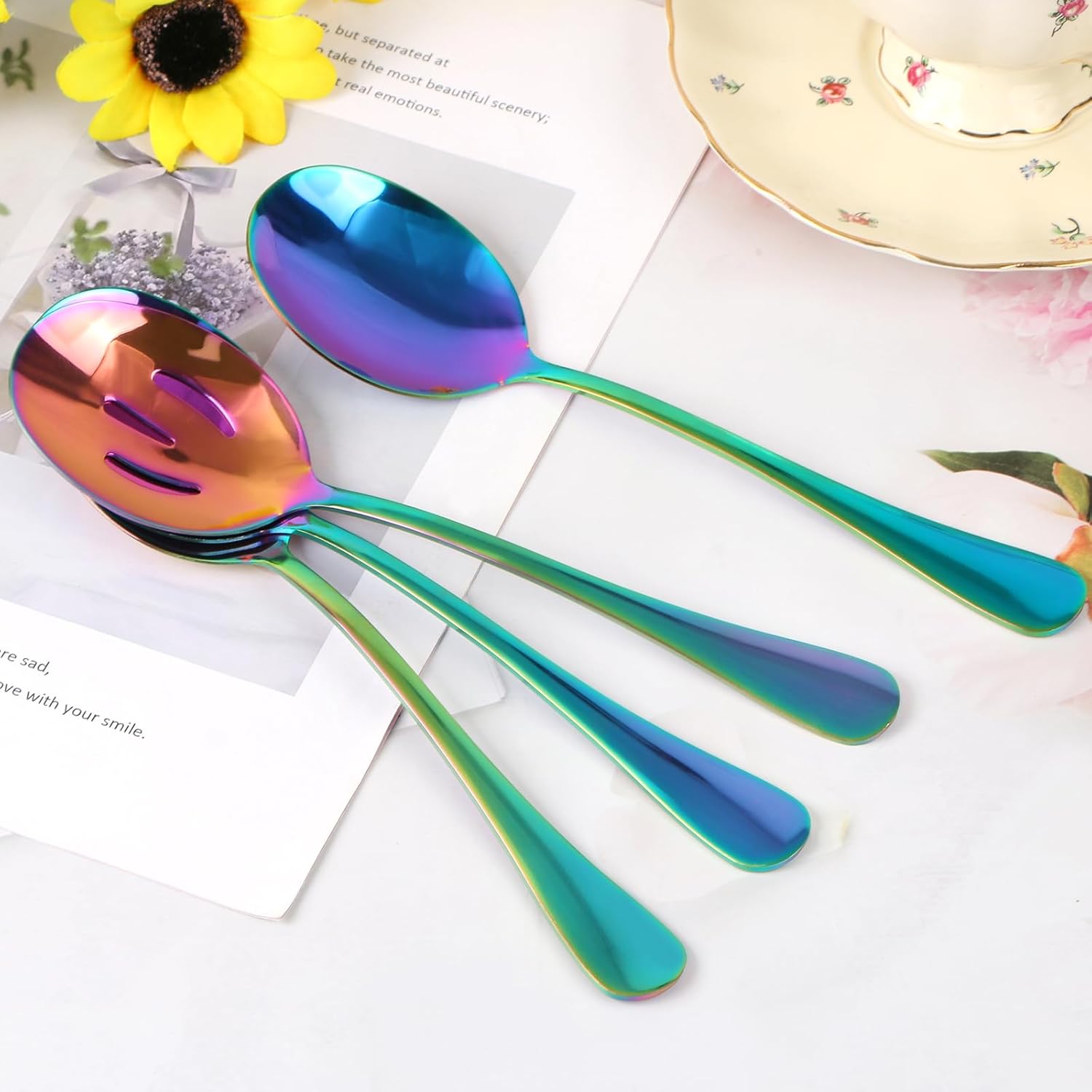 4-Piece Rainbow Color Stainless Steel Serving Spoons Set for Buffet Catering - 2 Large and 2 Slotted Spoons - Colorful Utensils
