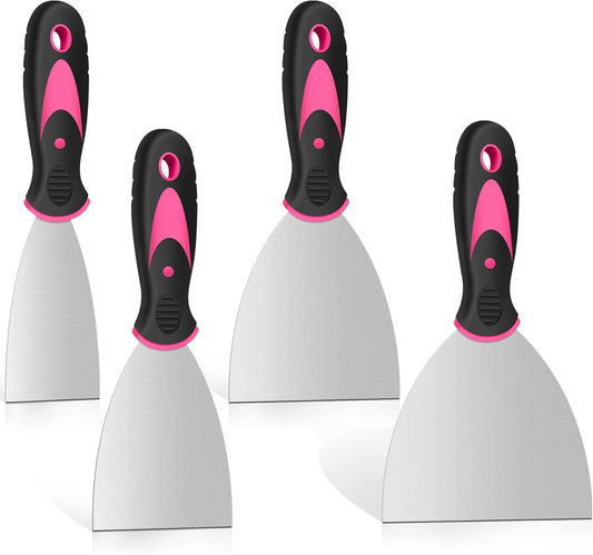 4-Piece Stainless Steel Putty Knife Set with Plastic Handle - Paint Scraper for Cleaning, Decorating, DIY - DEKEones - Pink