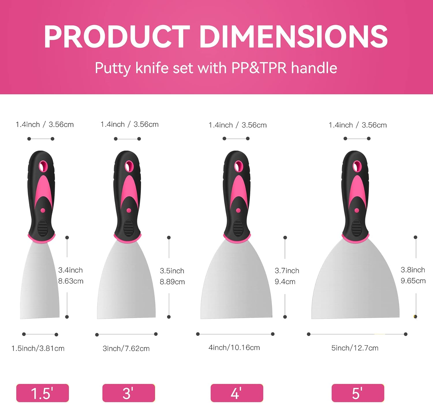 4-Piece Stainless Steel Putty Knife Set with Plastic Handle - Paint Scraper for Cleaning, Decorating, DIY - DEKEones - Pink