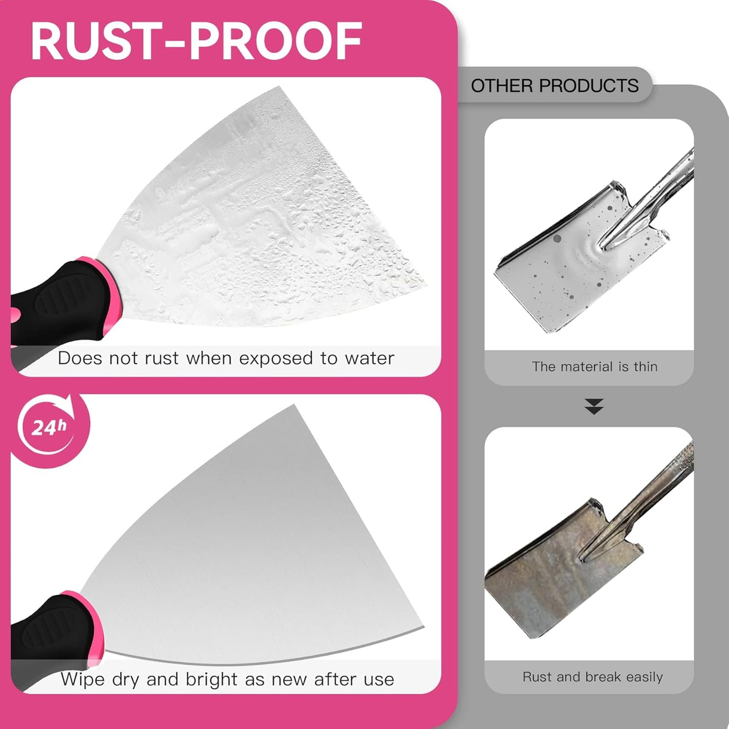 4-Piece Stainless Steel Putty Knife Set with Plastic Handle - Paint Scraper for Cleaning, Decorating, DIY - DEKEones - Pink