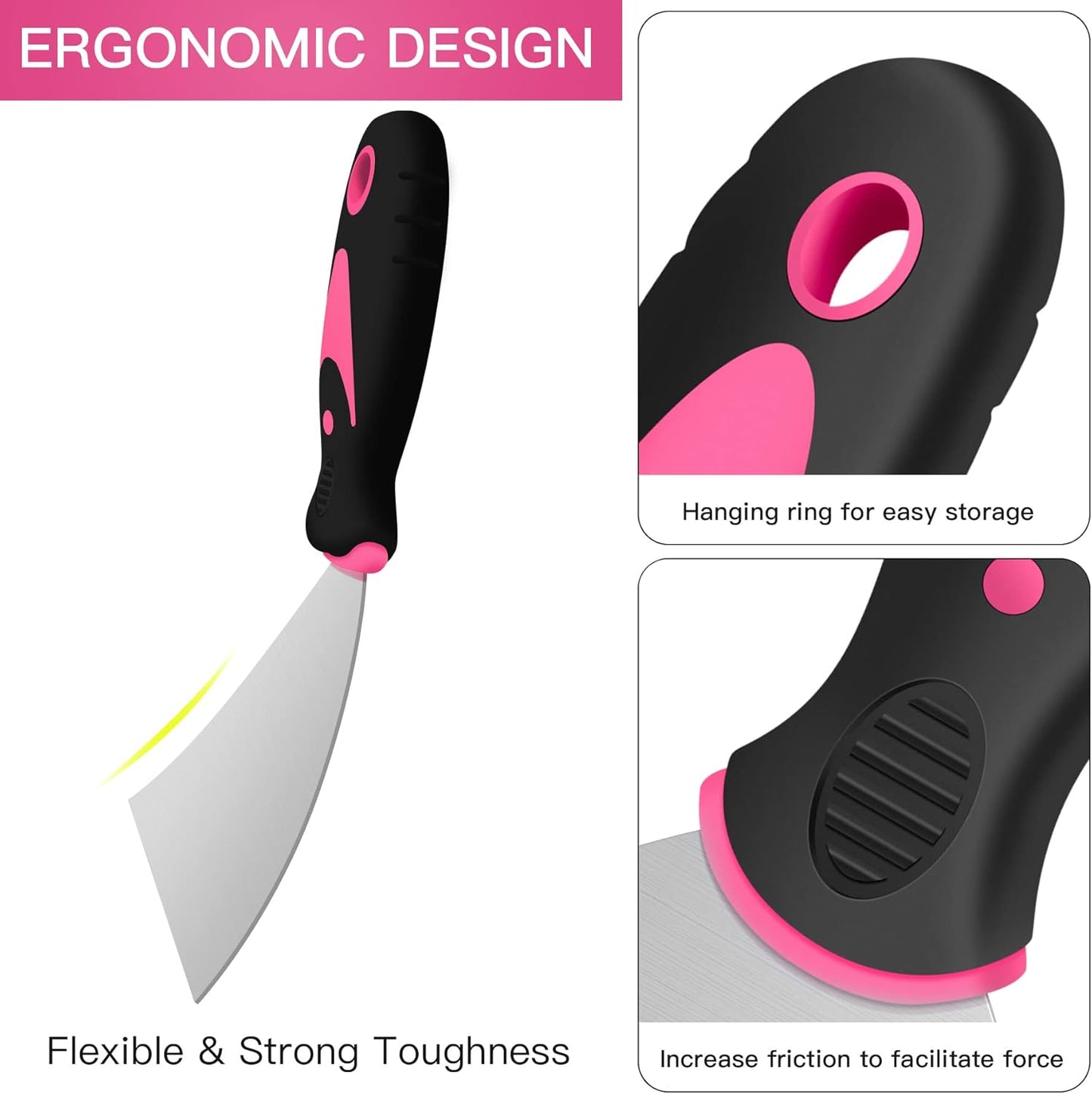 4-Piece Stainless Steel Putty Knife Set with Plastic Handle - Paint Scraper for Cleaning, Decorating, DIY - DEKEones - Pink