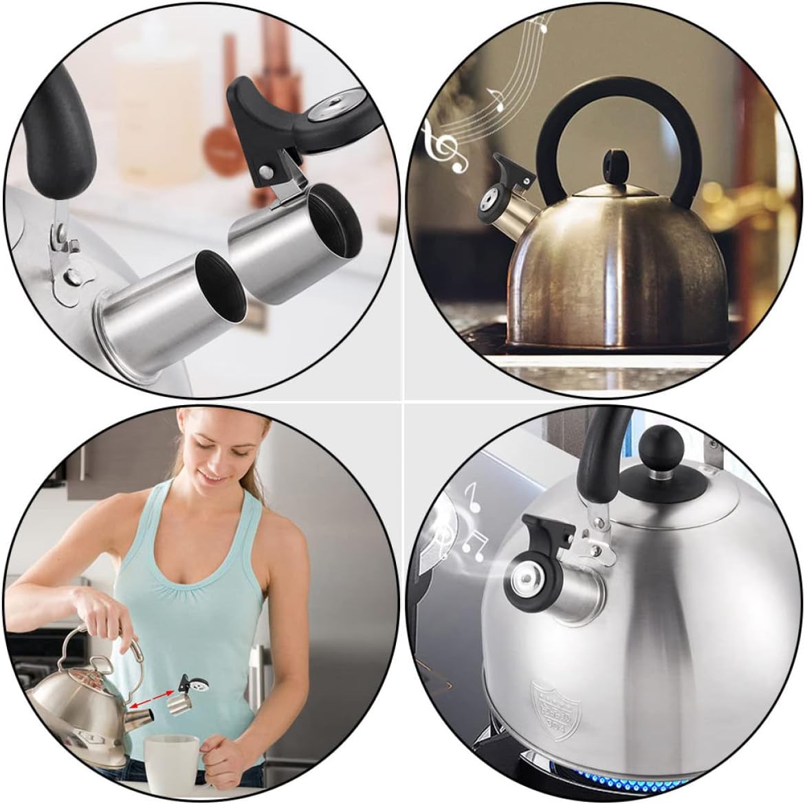 4-Piece Stainless Steel Tea Kettle Whistle Nozzle Alarm System - Stovetop Water Boiler Supplies