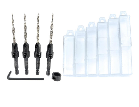 4-Piece USA Countersink Drill Bit Set with Tapered Countersink Bit, Storage Containers, Stop Collar, Hex Wrench - Size #8 (11/64")