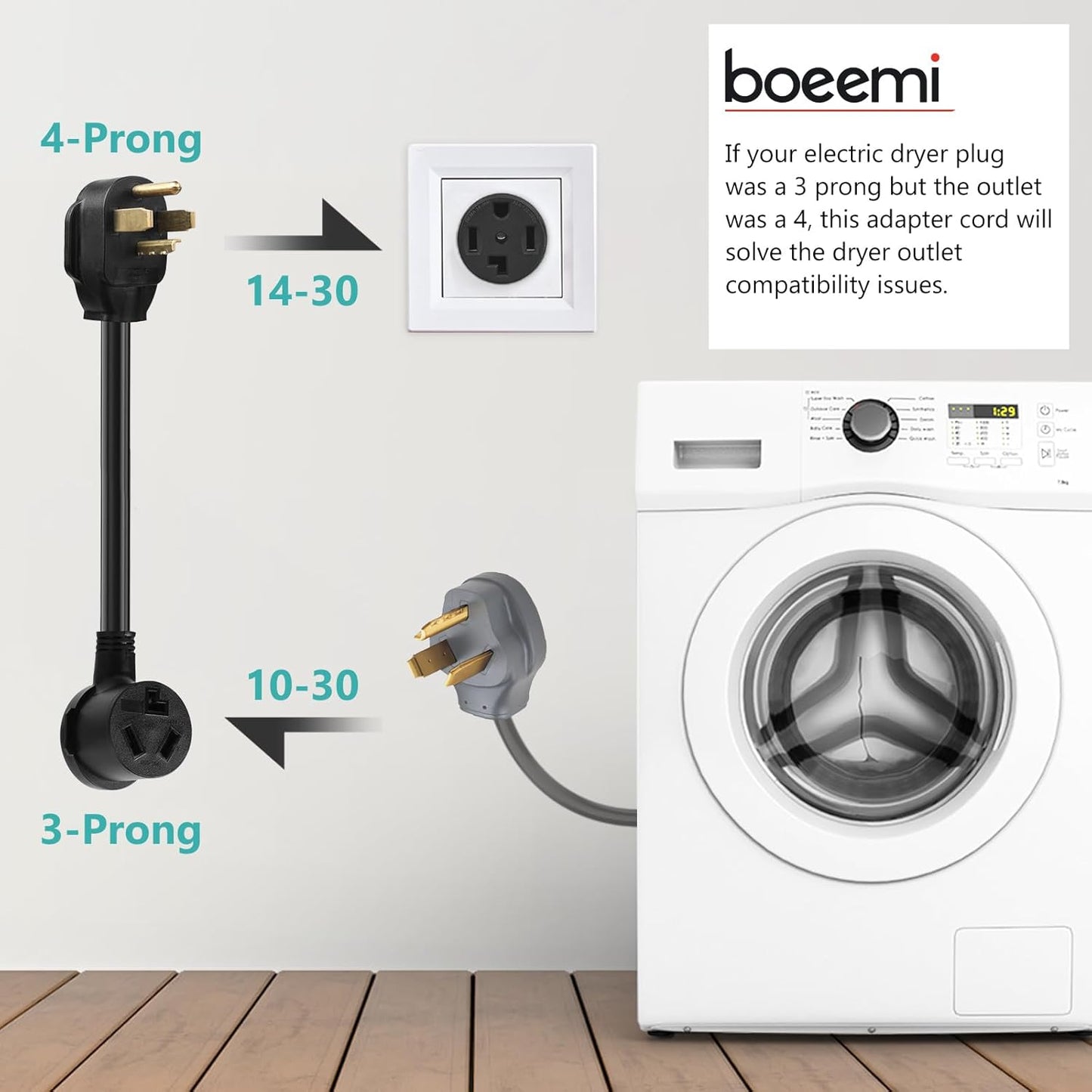4 Prong Electric Dryer Plug Adapter NEMA 14-30P to 10-30R, 30A 125/250V 1.5FT - UL Compliant