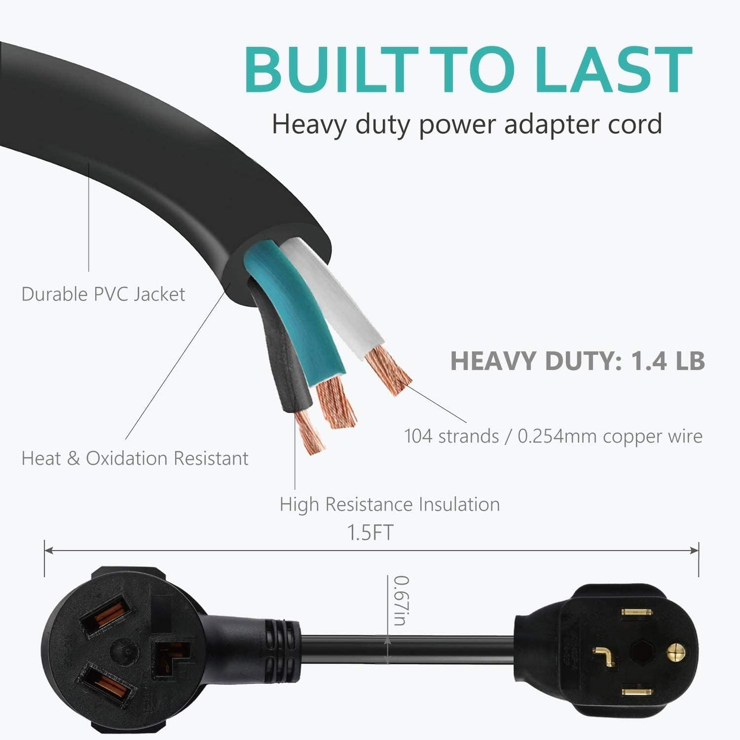 4 Prong Electric Dryer Plug Adapter NEMA 14-30P to 10-30R, 30A 125/250V 1.5FT - UL Compliant