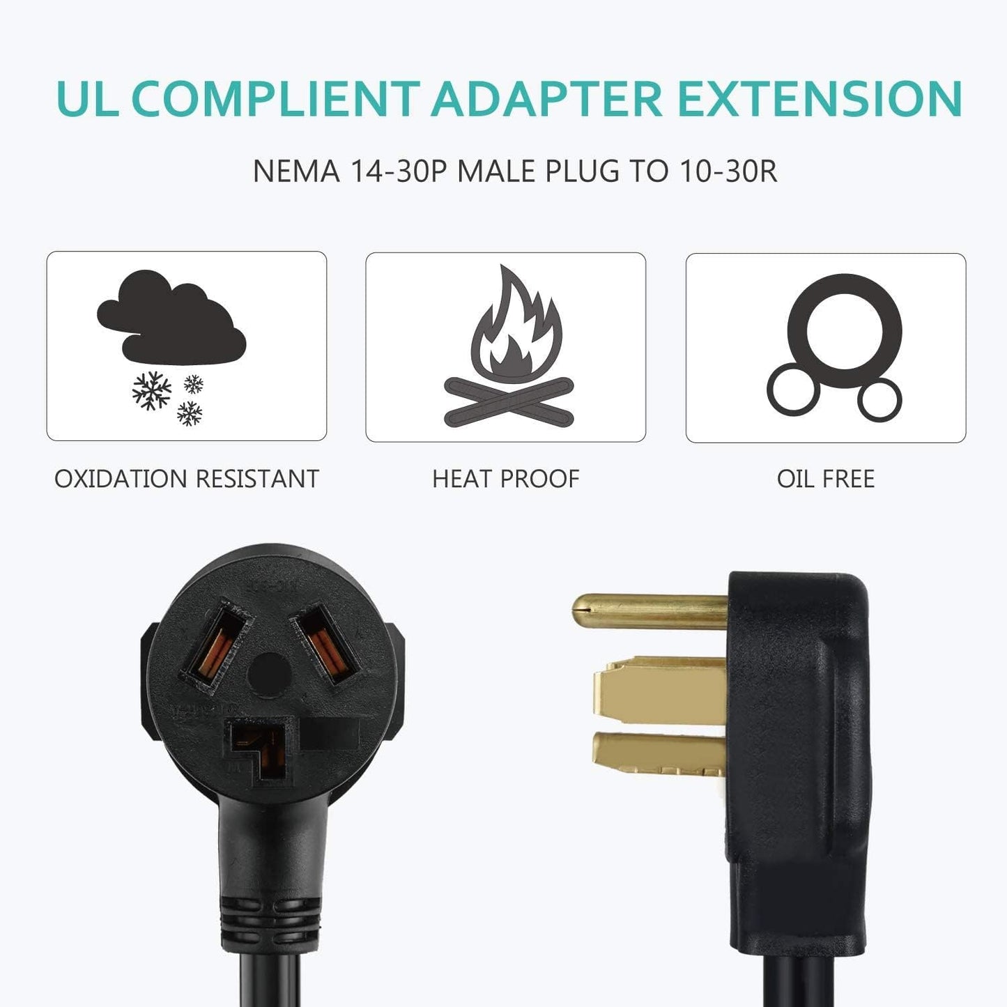 4 Prong Electric Dryer Plug Adapter NEMA 14-30P to 10-30R, 30A 125/250V 1.5FT - UL Compliant