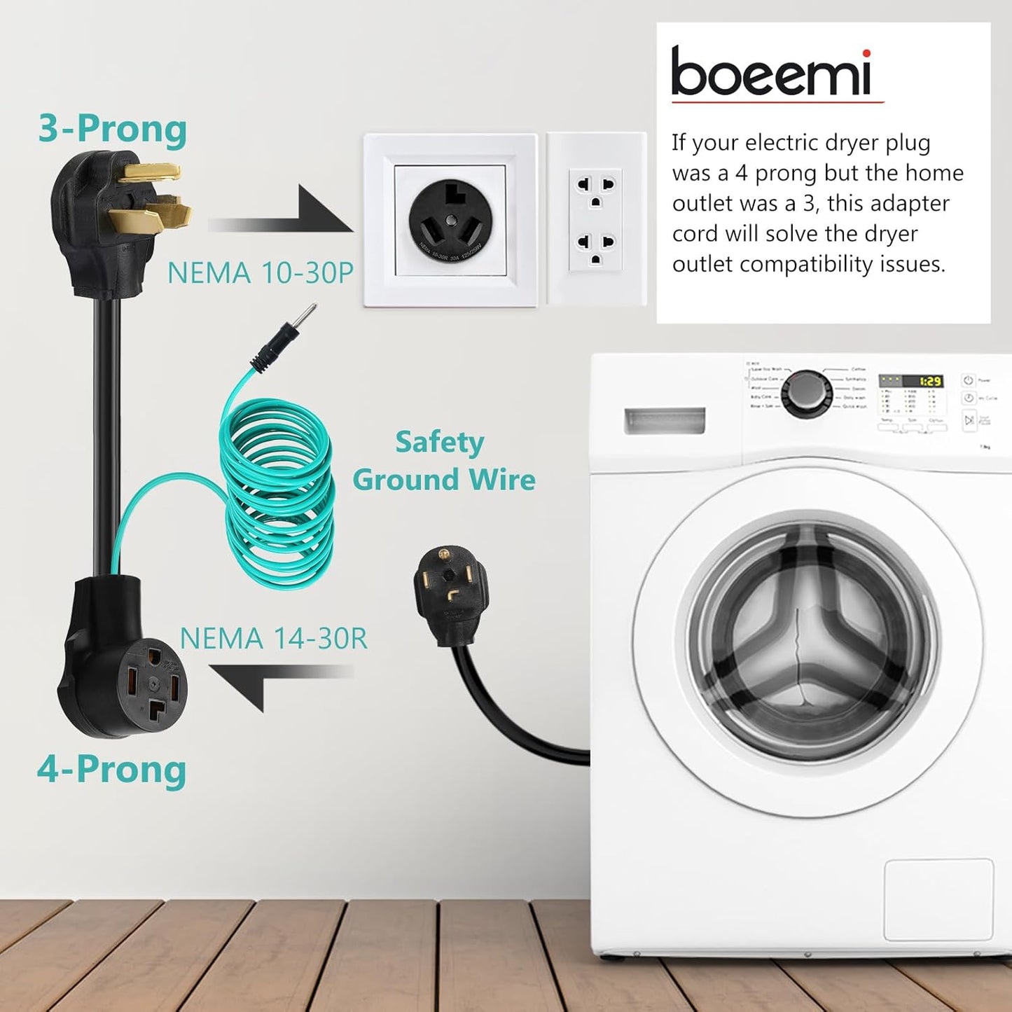 4 Prong to 3 Prong Dryer Adapter Cord - NEMA 10-30P Male to 14-30R Female 30 Amp Adaptor with Safety Ground Wire - 1.5FT