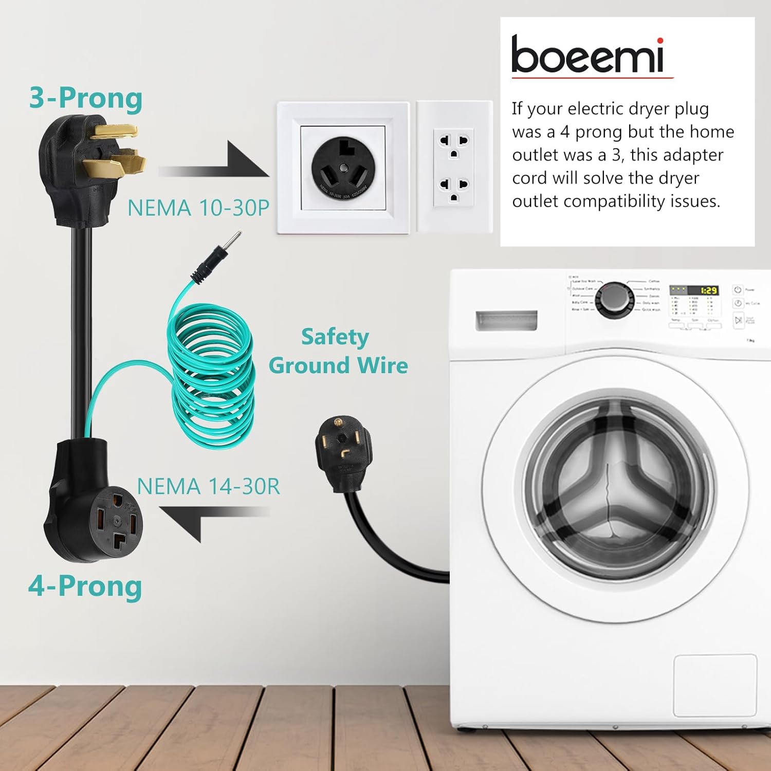 4 Prong to 3 Prong Dryer Adapter Cord - NEMA 10-30P Male to 14-30R Female 30 Amp Adaptor with Safety Ground Wire - 1.5FT