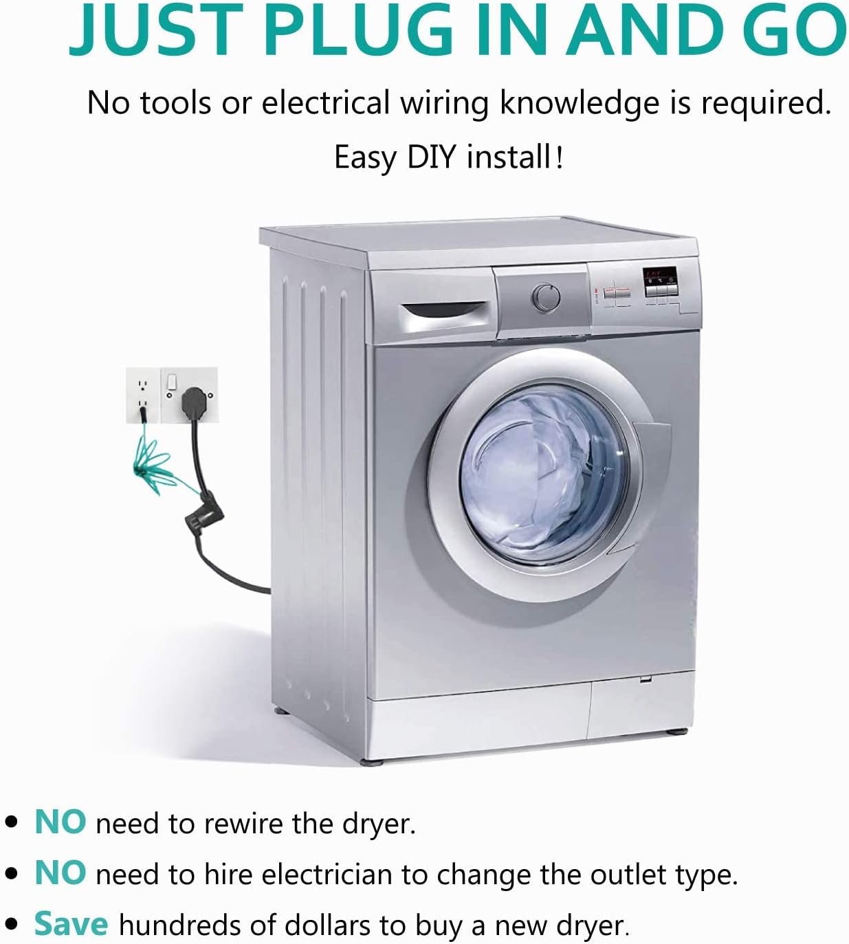 4 Prong to 3 Prong Dryer Adapter Cord - NEMA 10-30P Male to 14-30R Female 30 Amp Adaptor with Safety Ground Wire - 1.5FT