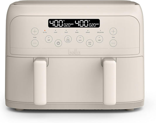 4 Quart Bella TriZone Air Fryer with EverGood™ Ceramic Nonstick Coating, Dual Basket Design, Digital Touchscreen Control, 6 Preset Cooking Options, 1200W, 3lb Capacity - Oatmilk Color