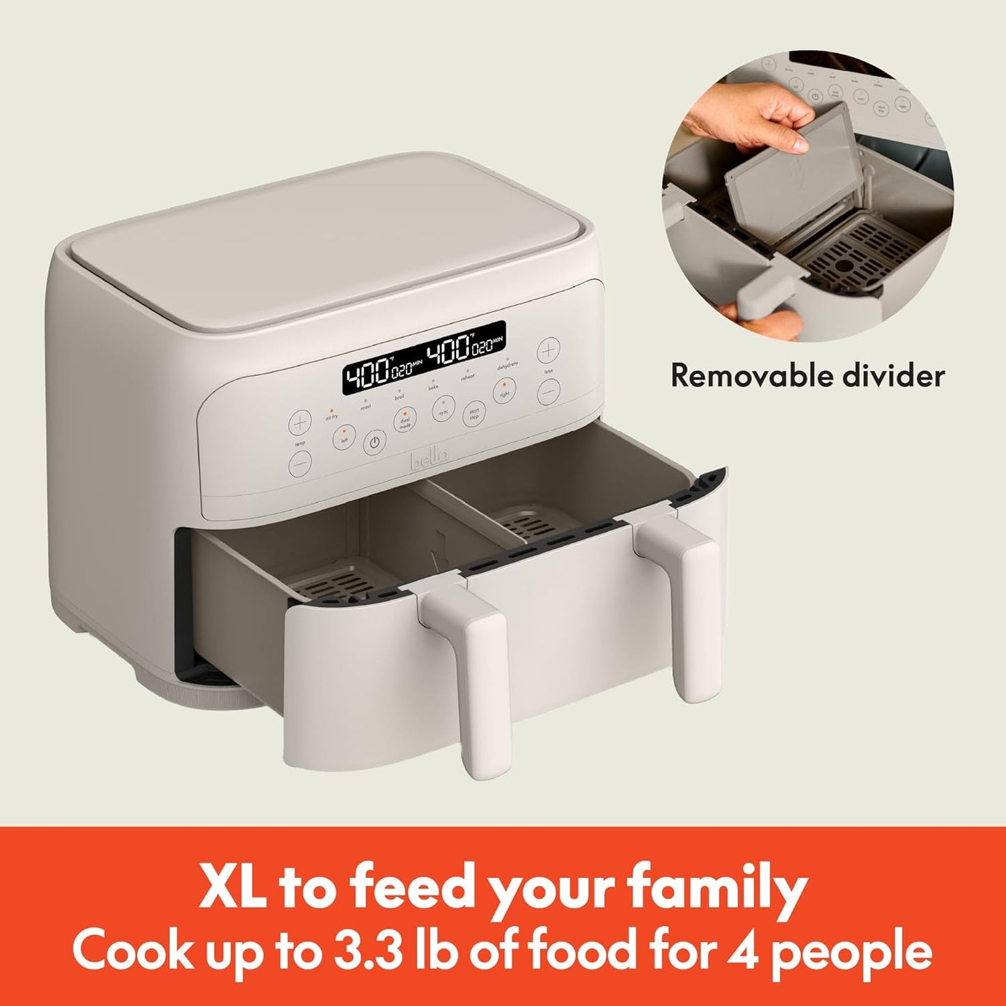 4 Quart Bella TriZone Air Fryer with EverGood™ Ceramic Nonstick Coating, Dual Basket Design, Digital Touchscreen Control, 6 Preset Cooking Options, 1200W, 3lb Capacity - Oatmilk Color