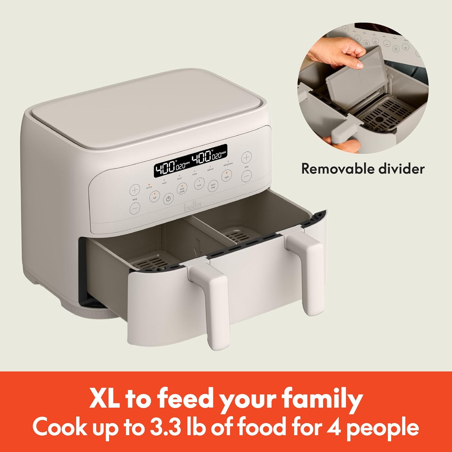 4 Quart Bella TriZone Air Fryer with EverGood™ Ceramic Nonstick Coating, Dual Basket Design, Digital Touchscreen Control, 6 Preset Cooking Options, 1200W, 3lb Capacity - Oatmilk Color