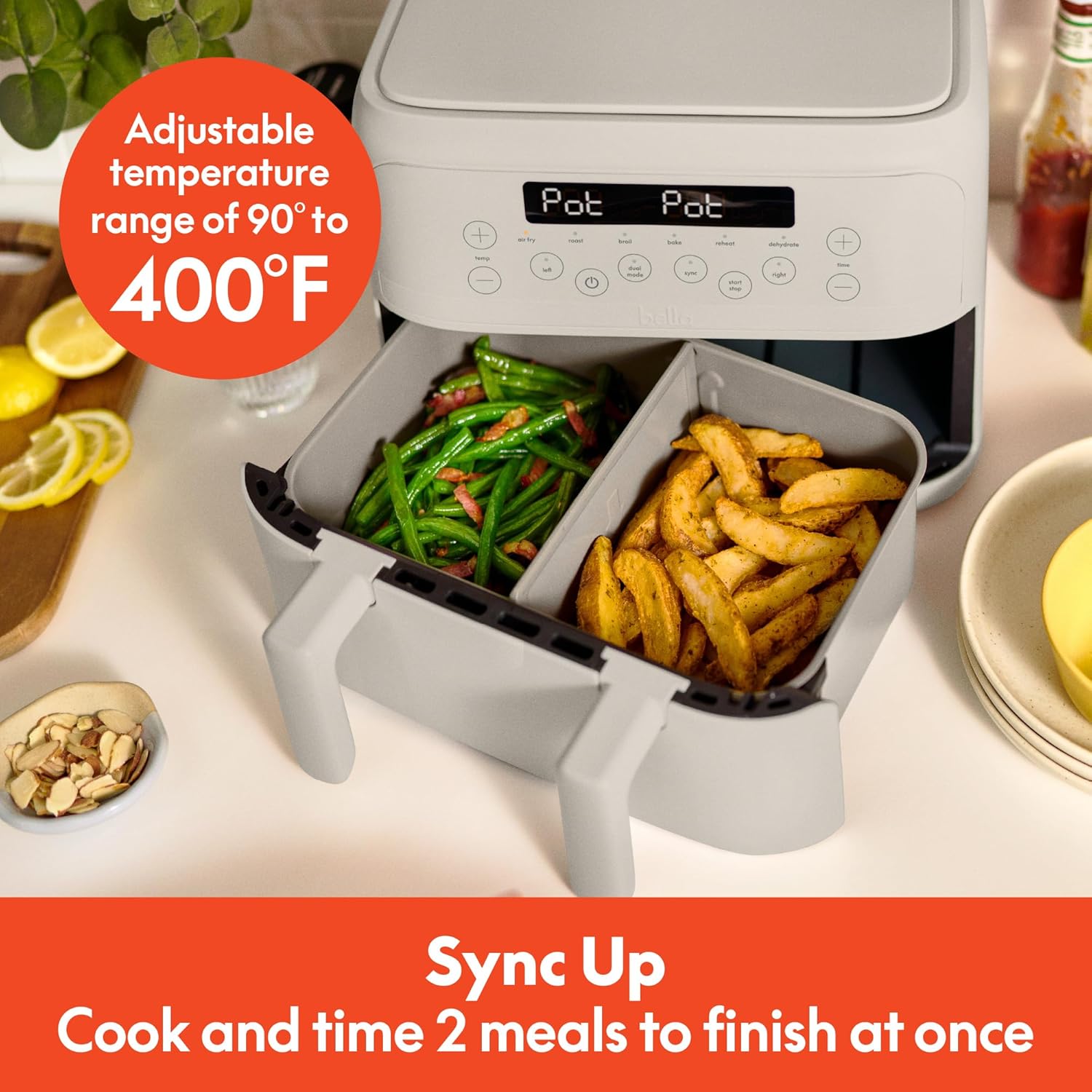 4 Quart Bella TriZone Air Fryer with EverGood™ Ceramic Nonstick Coating, Dual Basket Design, Digital Touchscreen Control, 6 Preset Cooking Options, 1200W, 3lb Capacity - Oatmilk Color