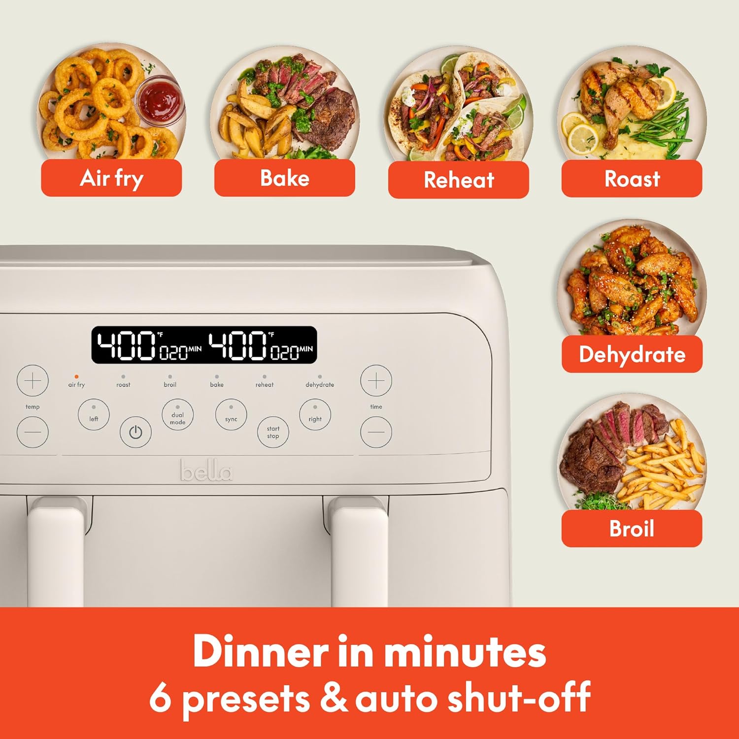4 Quart Bella TriZone Air Fryer with EverGood™ Ceramic Nonstick Coating, Dual Basket Design, Digital Touchscreen Control, 6 Preset Cooking Options, 1200W, 3lb Capacity - Oatmilk Color