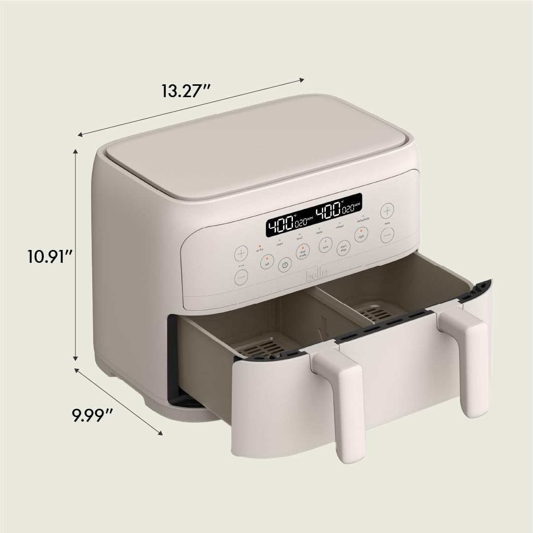 4 Quart Bella TriZone Air Fryer with EverGood™ Ceramic Nonstick Coating, Dual Basket Design, Digital Touchscreen Control, 6 Preset Cooking Options, 1200W, 3lb Capacity - Oatmilk Color