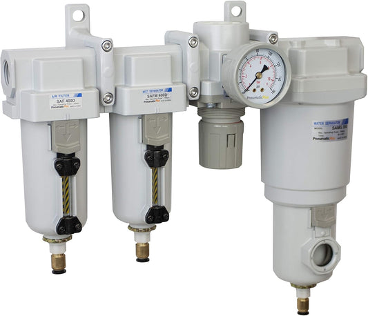 4-Stage Compressed Air Drying System with Particulate Filter & Pressure Regulator - Auto Drain, 1/2" NPT, Metal Bowl