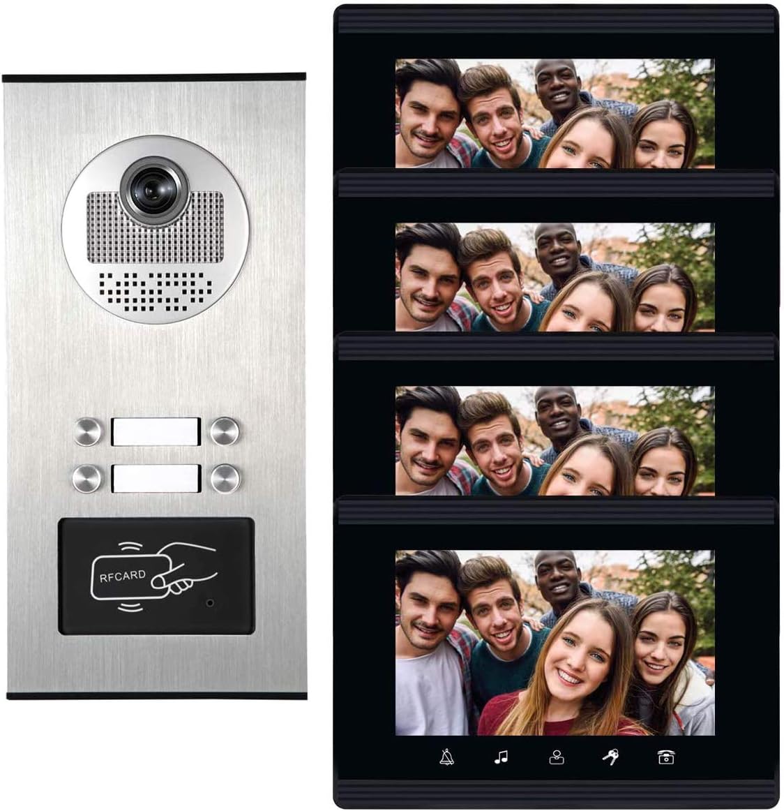 4 Units Apartment Intercom System with 7" Touch Monitor Video Door Phone Kits - Ethernet Connectivity, ID Keyfobs Unlock - Ideal for Home & Apartment Security